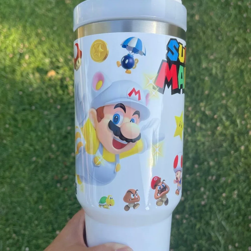 Custom Nintendo Super Mario Bros Tumbler 40 oz tumbler with hand carry handle. B